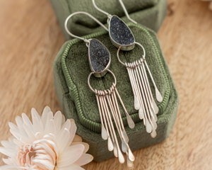 Sterling Silver Druzy Fringe Earrings in green velvet box with flowers; close-up of earring on ear and in hand. 2 3/4in boho dangles.
